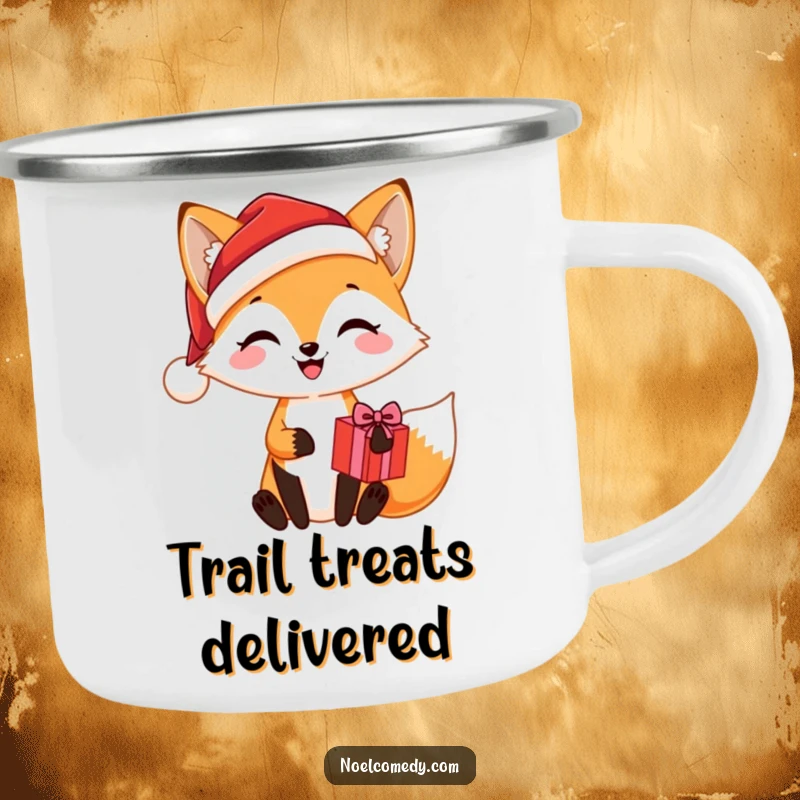 Funny camping mug illustration of a joyful fox in a Santa hat holding a Christmas present, ideal for festive outdoor enjoyment.