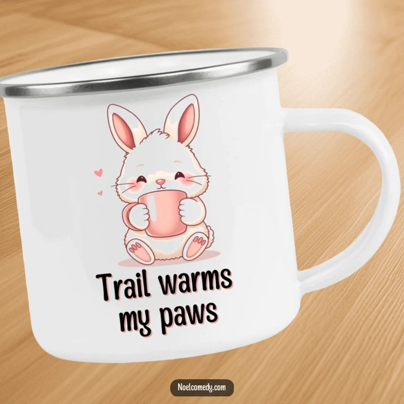 Funny Camping Mug: A fluffy bunny holding a warm mug, perfect for enjoying drinks on the go with cozy charm.