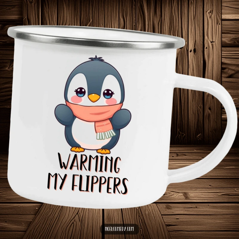 Funny camping mug featuring a penguin in winter gear, scarf and mittens, perfect for enjoying drinks outdoors.