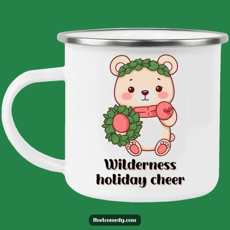 Funny Bear Wreath Camping Mug: Enjoy drinks with this woodland character, a perfect funny holiday gift.