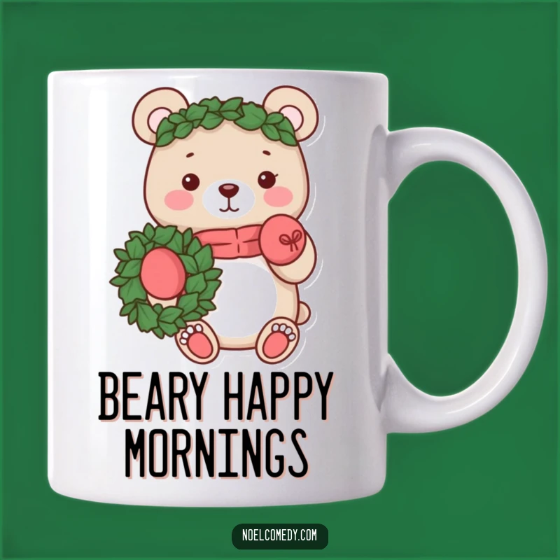 Funny Bear Wreath Mug: Cheerful character with mittens, a perfect funny gift for the holidays.