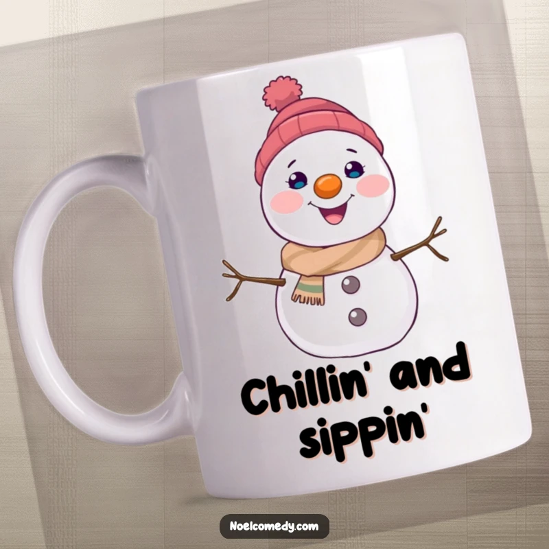 Funny snowman mug featuring a joyful character with a prominent carrot nose, radiating winter happiness and warmth.