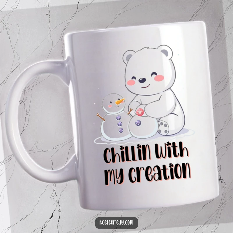 Funny mug featuring a happy polar bear cheerfully building a small snowman decorated with sparkly buttons, perfect for winter smiles.