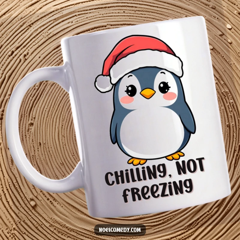 Funny Mug: A smiling penguin wearing a red and white Santa hat, radiating holiday joy and festive cheer.