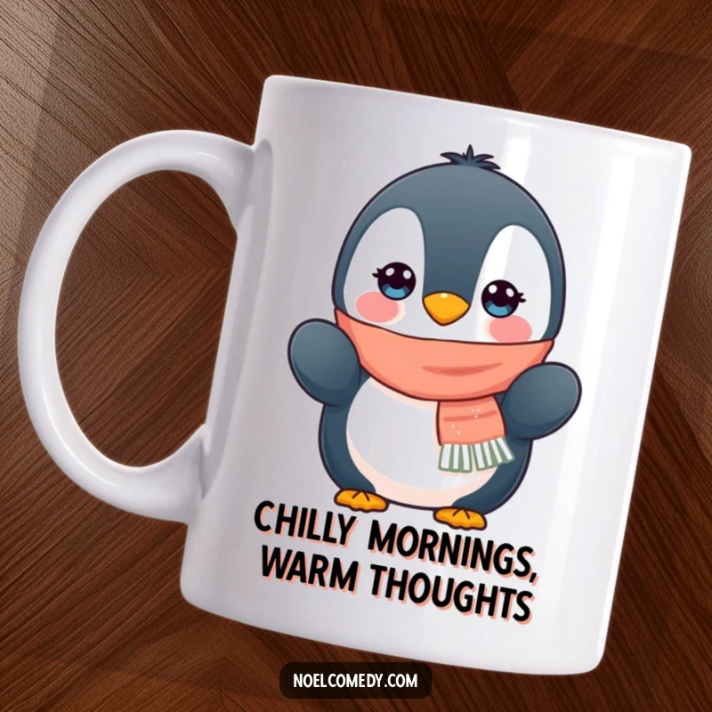 Funny mug showcasing a cuddly cartoon penguin wearing a colorful scarf and matching mittens, looking cheerful and winter-ready.