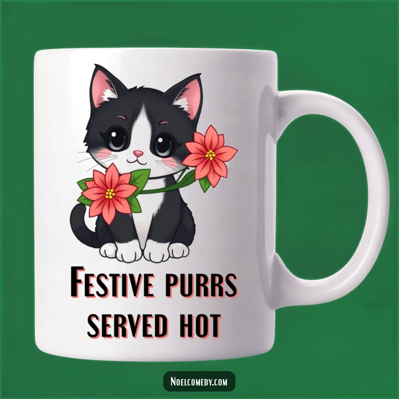 Festive Black Cat Poinsettia Mug, Holiday Cat Lover Gift, Cute Christmas Present