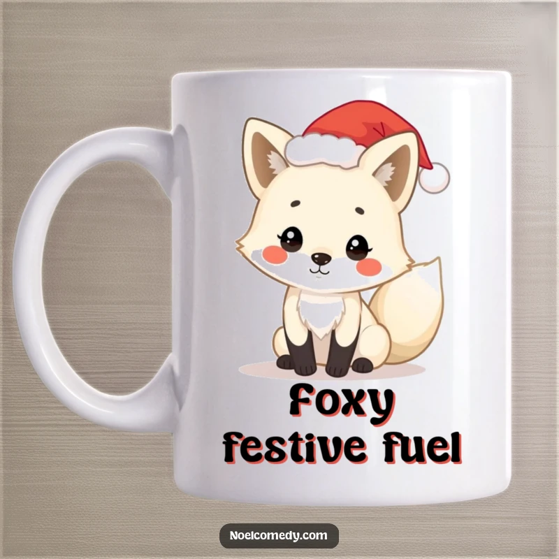 Funny arctic fox mug featuring a playful fox wearing a tiny Santa hat, bringing holiday cheer and cuteness to your drink.