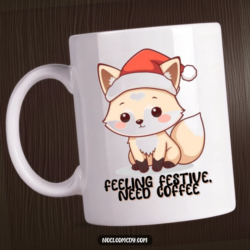 Funny mug featuring a playful arctic fox wearing a tiny Santa hat, embodying holiday spirit and cuteness.