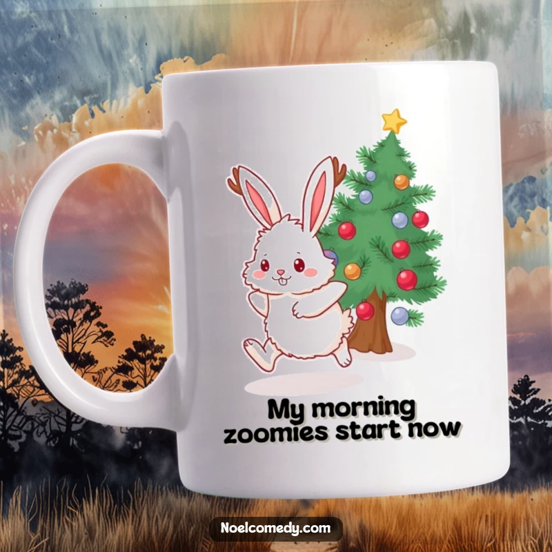 Funny Mug featuring a fluffy bunny with antlers excitedly hopping near a decorated evergreen tree, spreading holiday cheer.