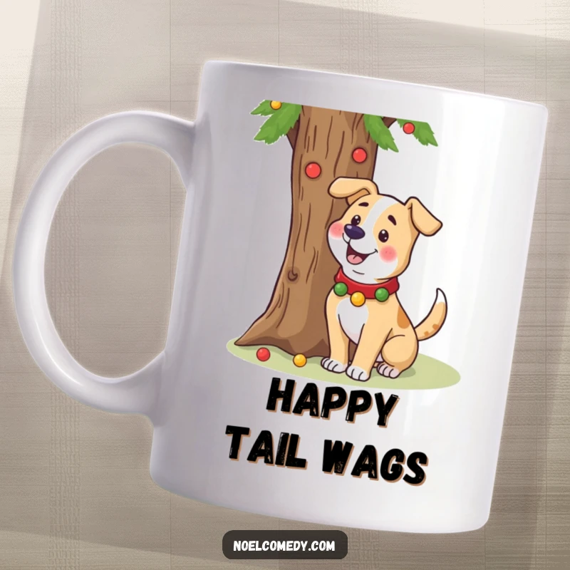 Funny mug featuring a cheerful dog in a festive collar wagging its tail near a holiday tree.