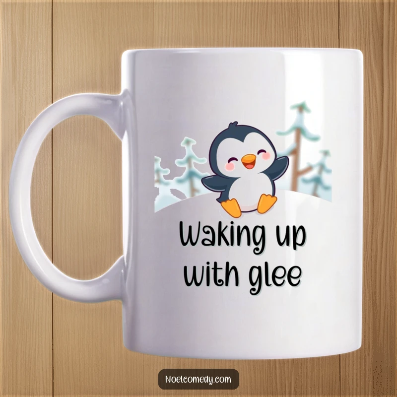 Funny Mug featuring a giggling penguin sliding gleefully down a snowy hill with pure enjoyment.