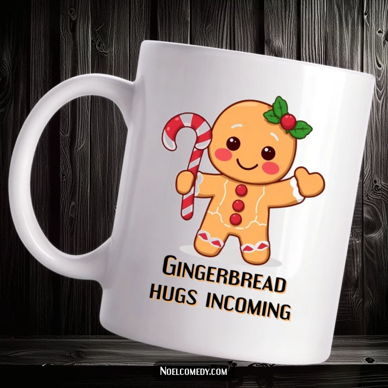 Funny gingerbread man mug featuring a happy character waving a candy cane, spreading festive holiday joy with a smile.