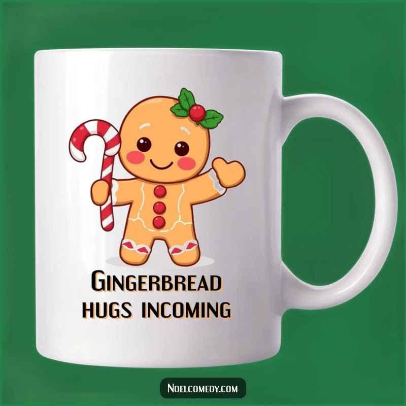Funny Gingerbread Man Mug: Festive Character Waving Candy Cane, Perfect Holiday Gift