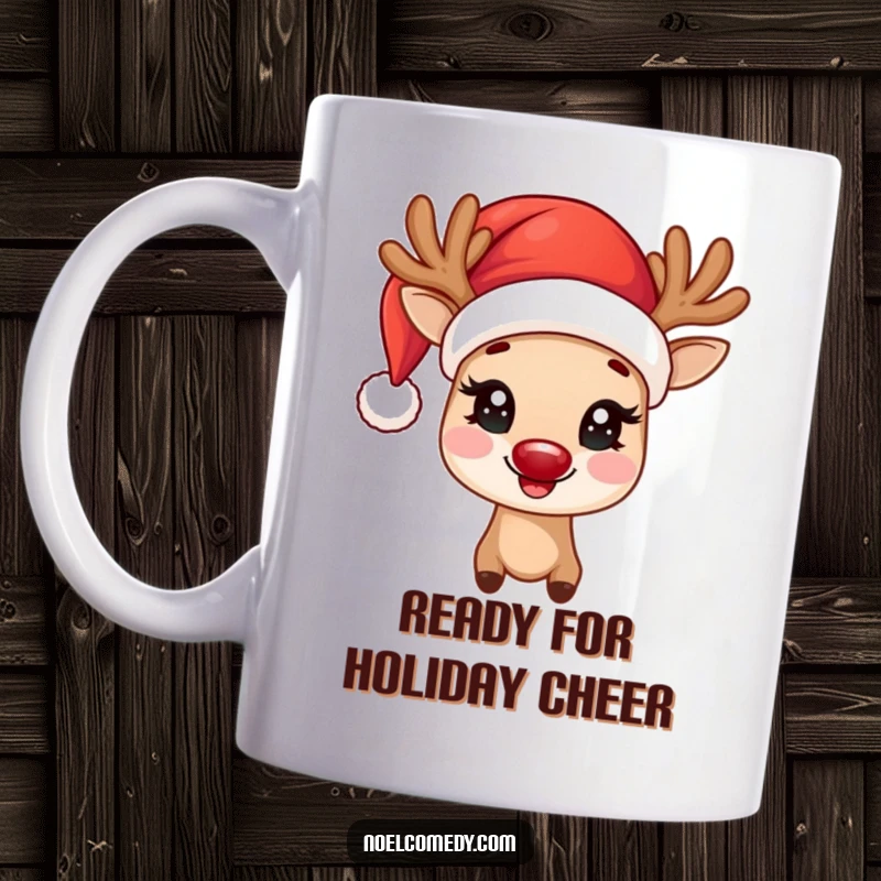 Funny Mug with a joyful reindeer wearing a Santa hat, its eyes twinkling with holiday spirit and excitement.