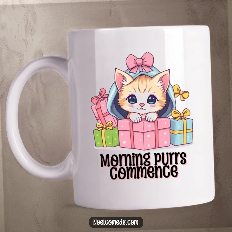 Funny Mug showing a playful kitten peeking out from beneath a festive pile of wrapped Christmas gifts.