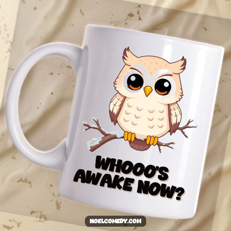 Funny mug featuring a happy, wide-eyed owl perched on a snowy branch, exuding curiosity and charm. Perfect for bird lovers.