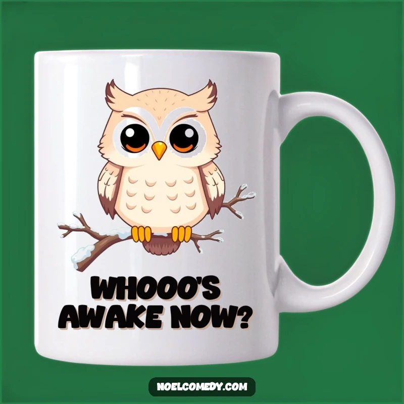 Funny Owl Mug: Wide-eyed character on snowy branch, a perfect funny gift for bird lovers.