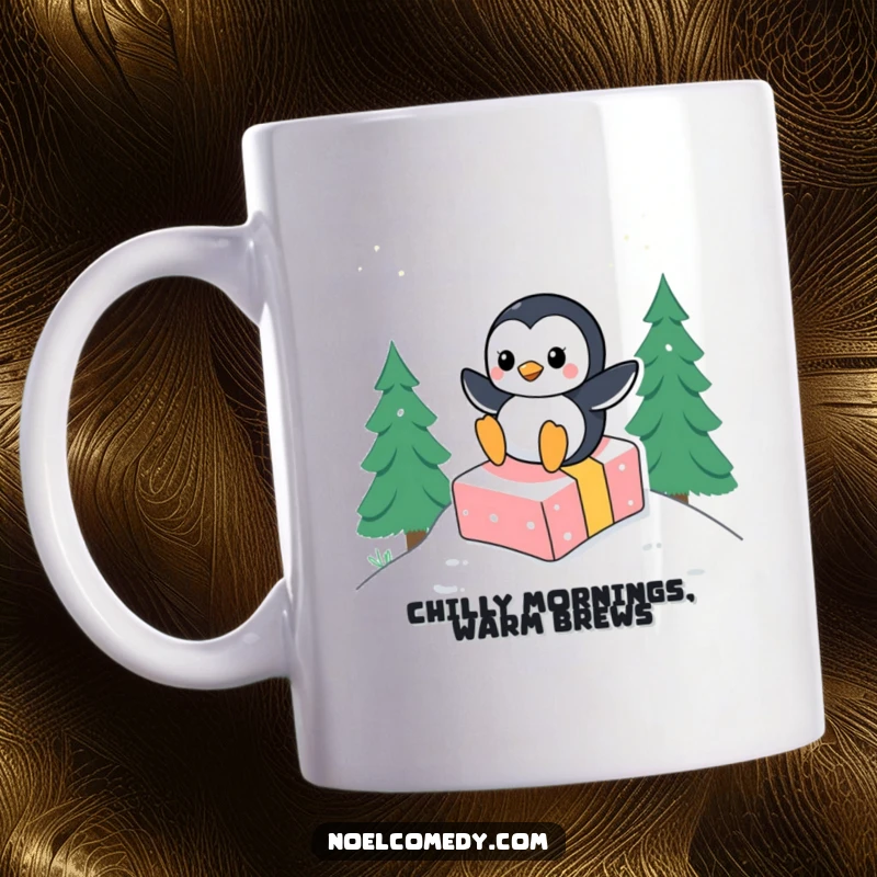 Funny mug featuring a happy, cartoon penguin character gleefully sliding down a snowy hill, riding atop a brightly wrapped gift box.