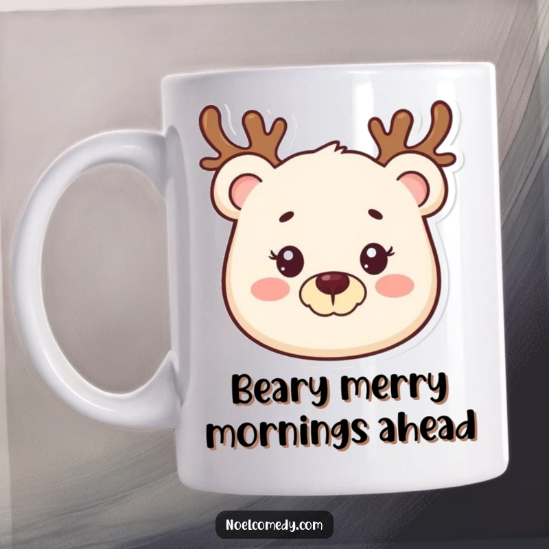 Funny mug featuring a smiling bear wearing a festive reindeer antler headband, radiating holiday cheer and warmth.