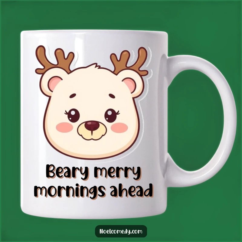 Funny Smiling Bear Reindeer Mug, Holiday Cheer Gift, Cute Winter Present