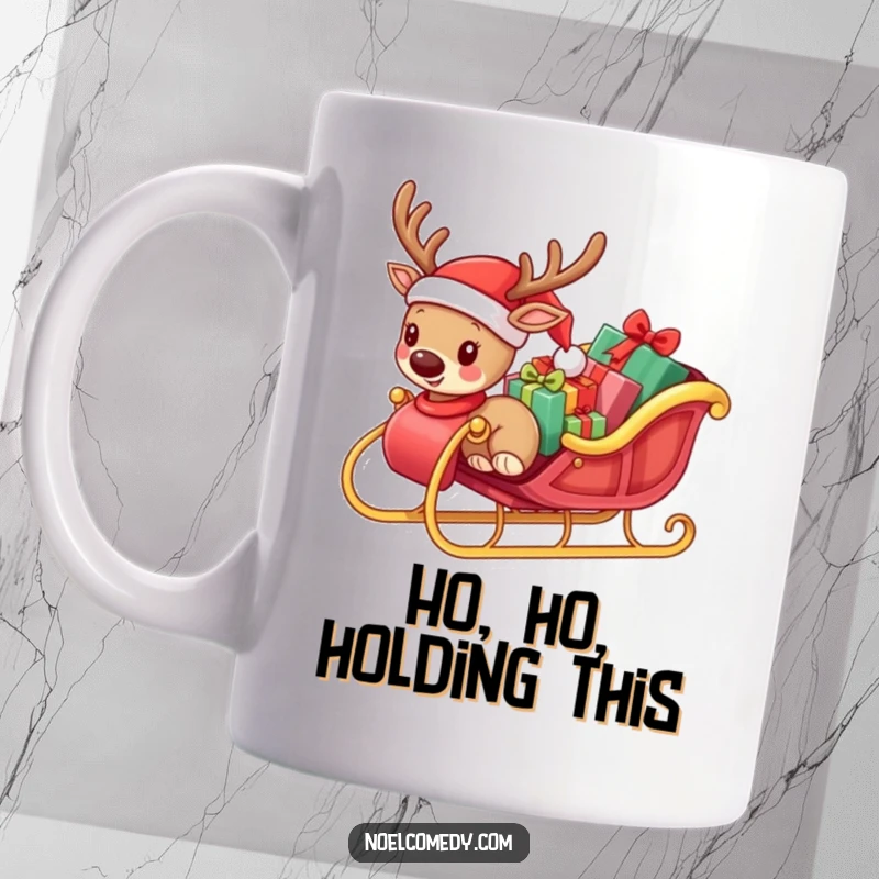 Funny mug showing a small reindeer in a Santa hat struggling to pull a sleigh overflowing with presents, festive and humorous.