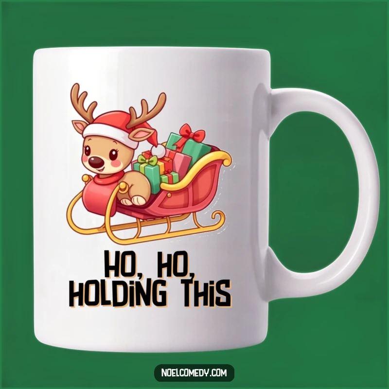 Funny Small Reindeer Pulling Sleigh Mug - Festive Holiday Humor Gift