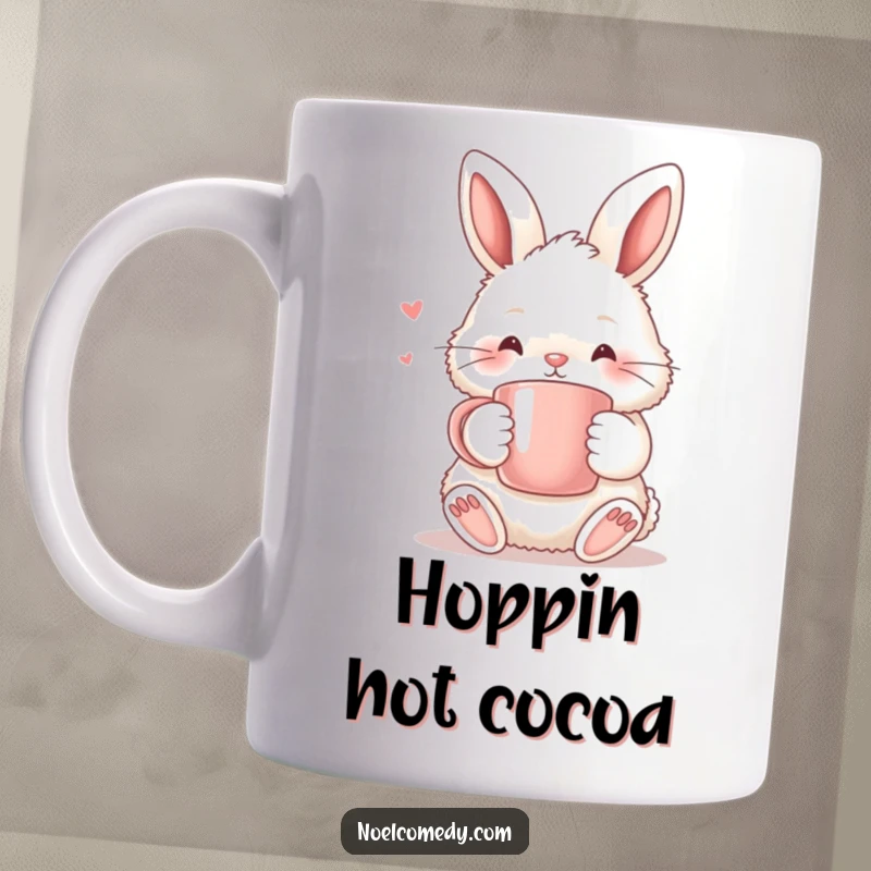 Funny Mug: A fluffy bunny holding a warm mug, embodying coziness, warmth, and gentle adorable humor.