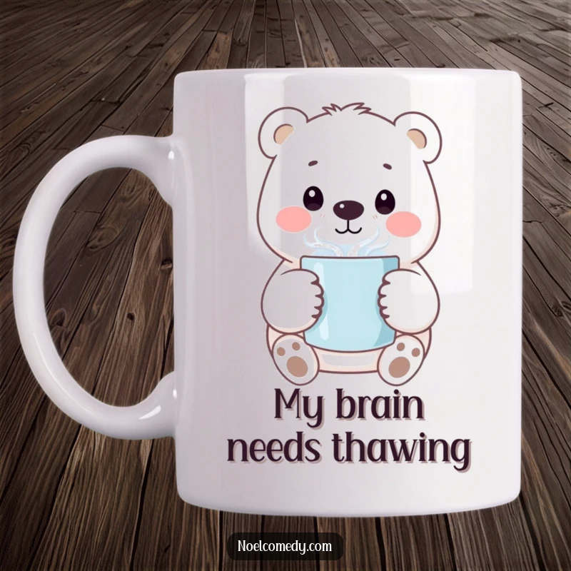 Funny mug with a smiling polar bear character holding a steaming coffee mug, radiating warmth and joy on a cold day.