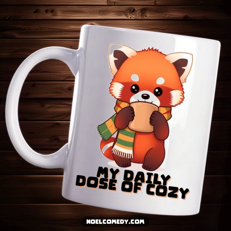 Funny Mug featuring a red panda in a festive scarf, happily holding a steaming mug, radiating warmth and joy.
