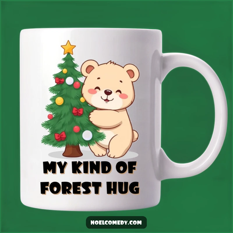 Funny Bear Hugging Tree Mug: Adorable Cub's Festive Charm for a Joyful Gift