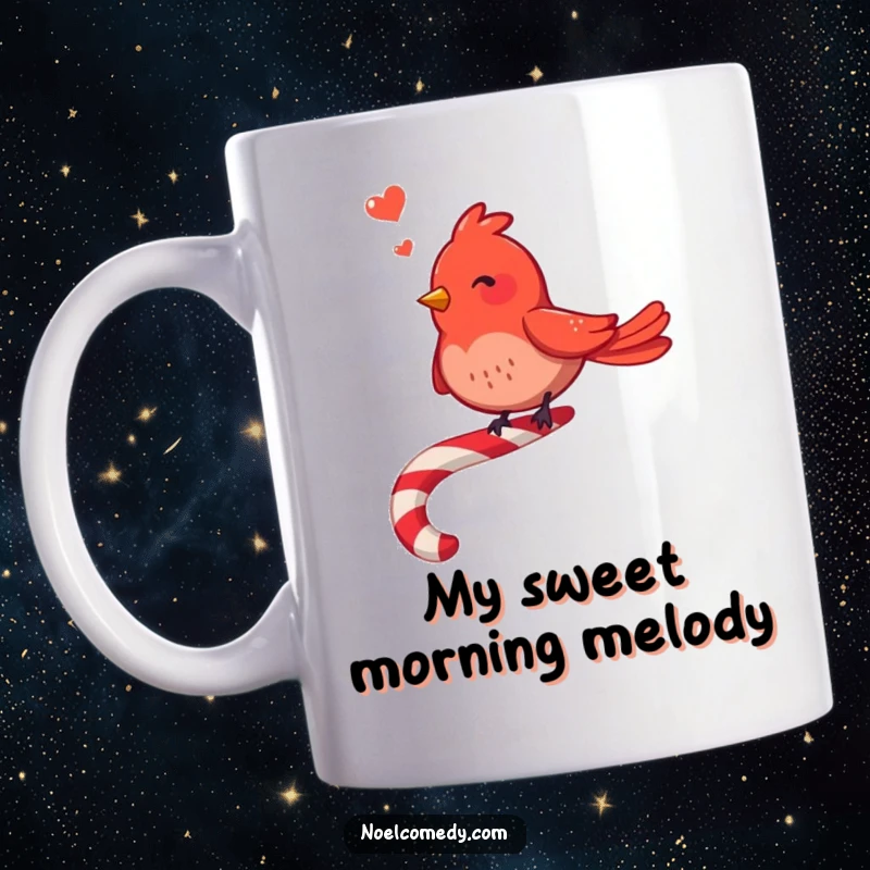 Funny Red Bird Mug: A joyful red bird sings merrily atop a candy cane, embodying holiday cheer and musical delight.