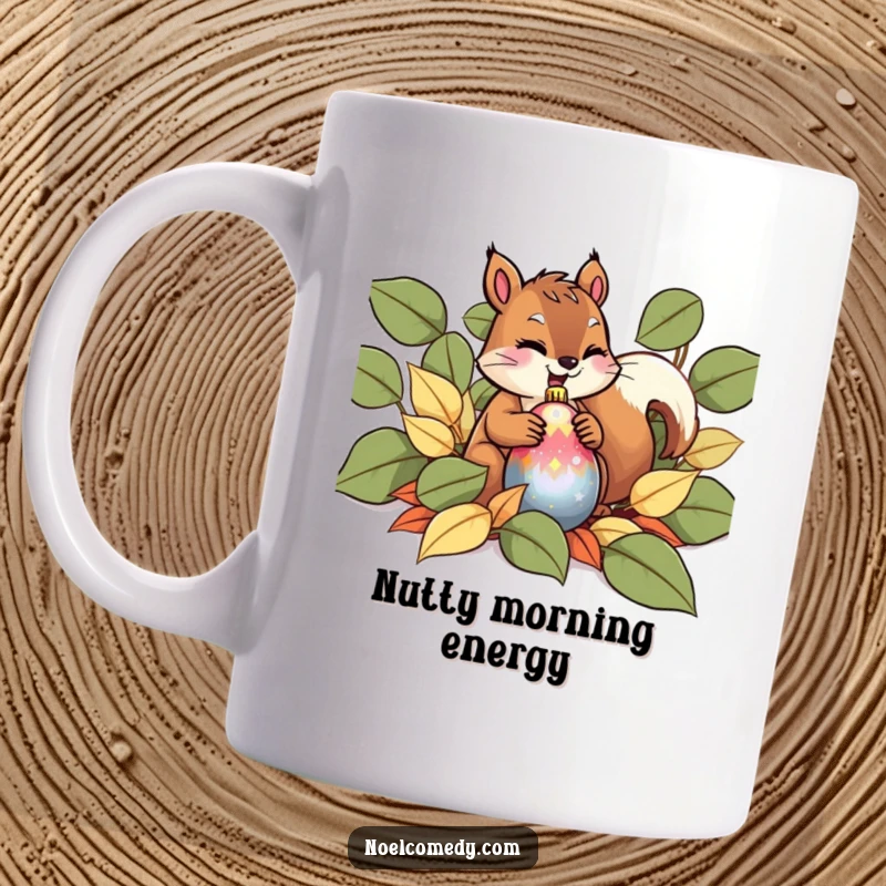 Funny Mug featuring a giggling squirrel hiding a shiny Christmas ornament in a pile of autumn leaves.