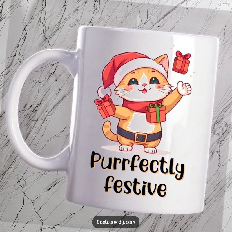 Funny cheerful Santa cat juggling tiny wrapped gift boxes, bringing holiday cheer to a mug.