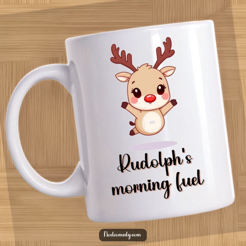 Funny mug featuring a hopping reindeer character with distinctly glowing red nostrils, ready for festive fun.