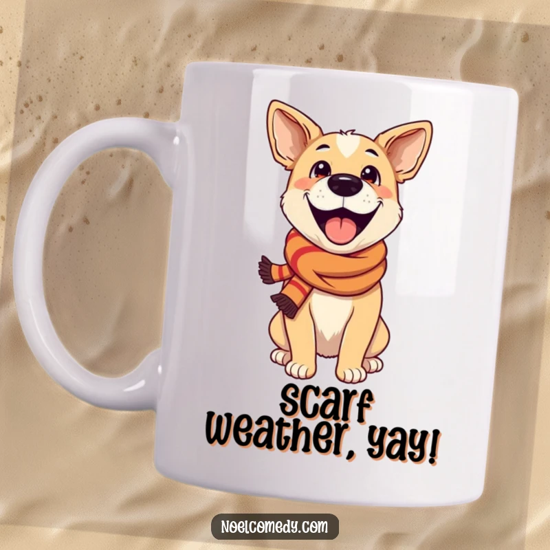Funny Mug: An excited dog wearing a festive scarf, radiating happiness and holiday spirit, perfect for dog lovers.