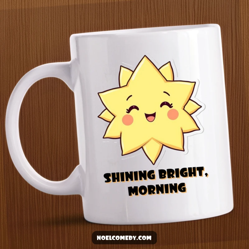 Funny mug showcasing a bright, radiant star character with a wide, joyful smile and sparkling eyes, exuding happiness.