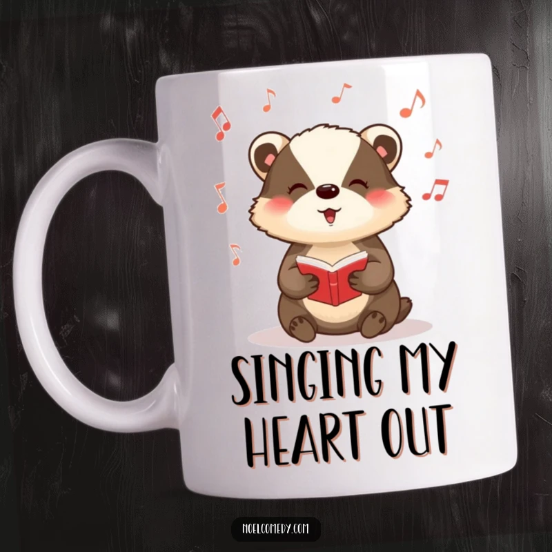 Funny mug featuring a badger singing carols with musical notes floating around, spreading holiday cheer.