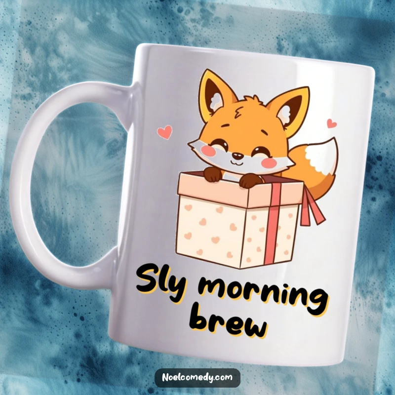Funny Mug: A cheerful fox with a sly smile peeking out from a colorful gift box, full of playful mischief.