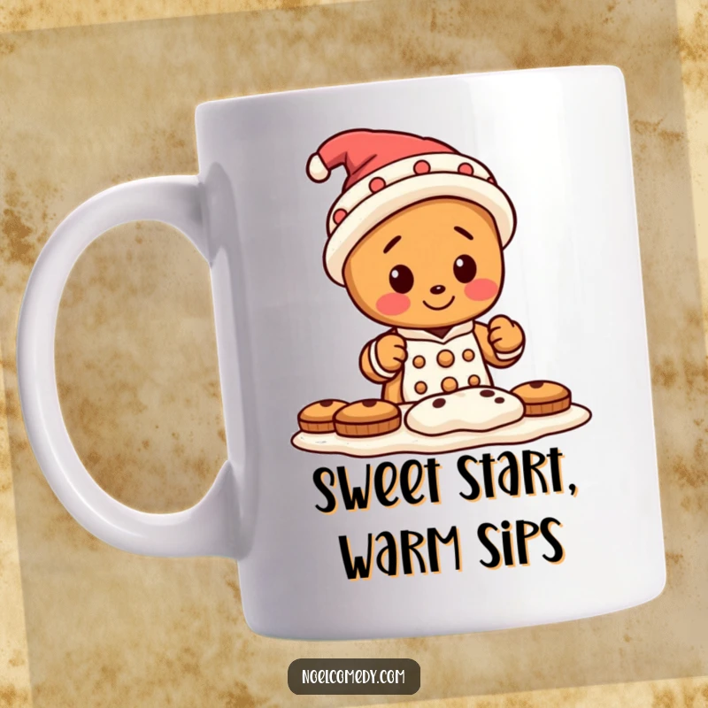 Funny mug featuring a tiny gingerbread man character wearing a tall, silly hat, busily baking cookies in a kitchen setting.