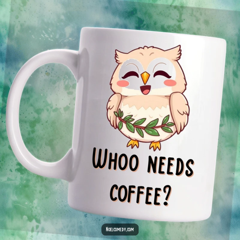 Funny mug of a joyful owl with a festive wreath around its neck, hooting merrily, exuding happiness and charm.