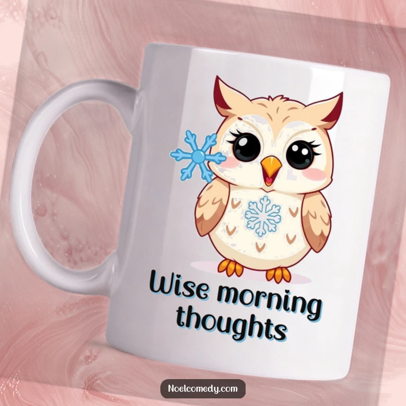 Funny Mug: A happy owl hooting with a delicate snowflake falling nearby, radiating winter joy.