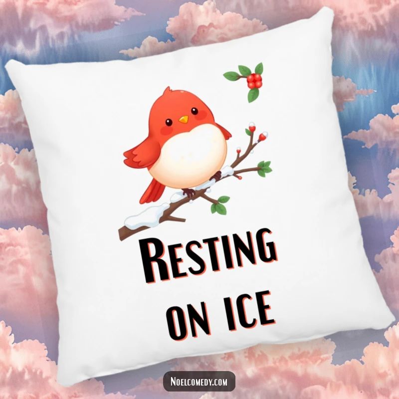 Cheerful Robin Pillow: A cute red robin perched on a snowy branch, offering comfort and a touch of winter's natural charm.