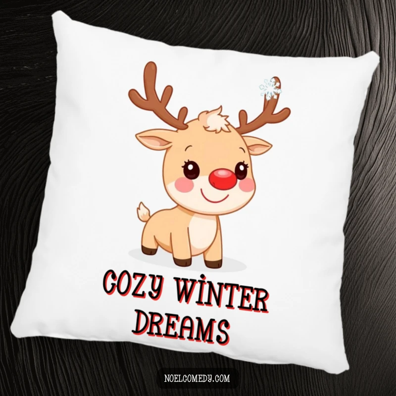 Funny Pillow: A soft cushion depicting a smiling reindeer with a red nose, gently catching a snowflake for holiday coziness.