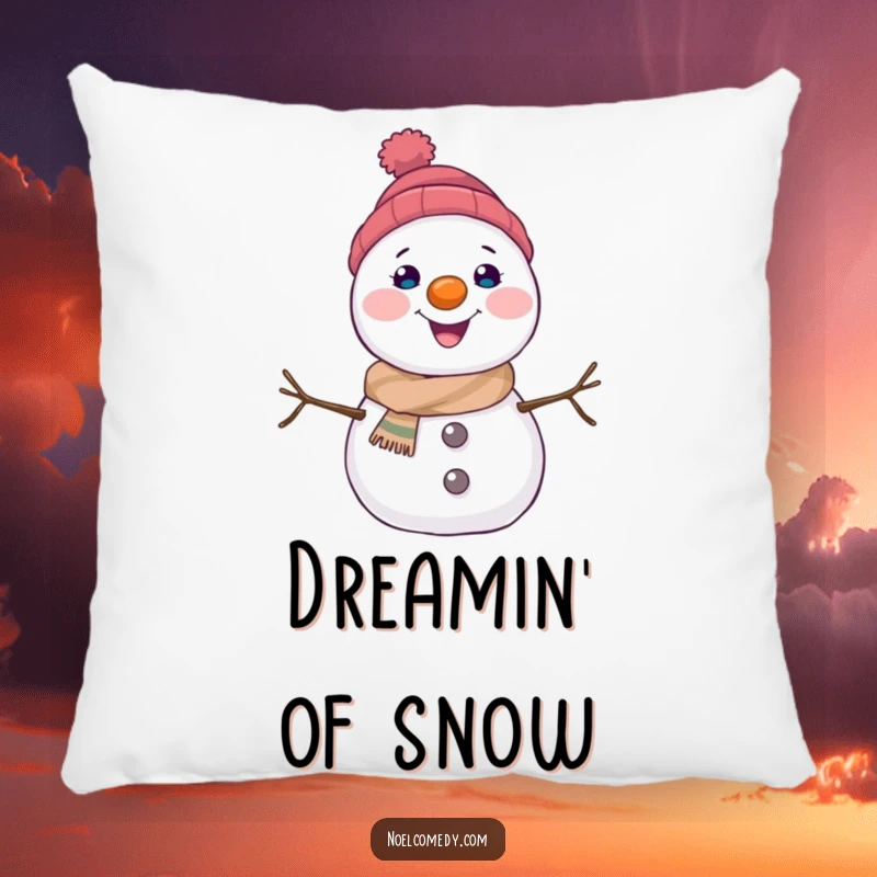 Funny snowman pillow featuring a joyful character with a carrot nose, perfect for adding cozy winter comfort to living spaces.