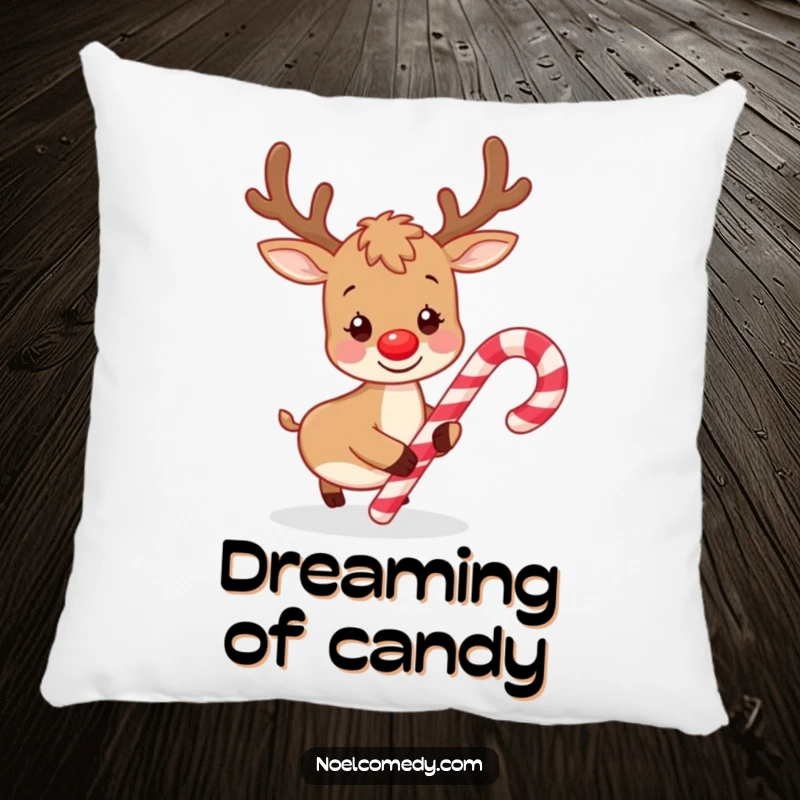 Funny pillow featuring a playful reindeer gently nudging a striped candy cane, bringing cozy holiday fun to any room.