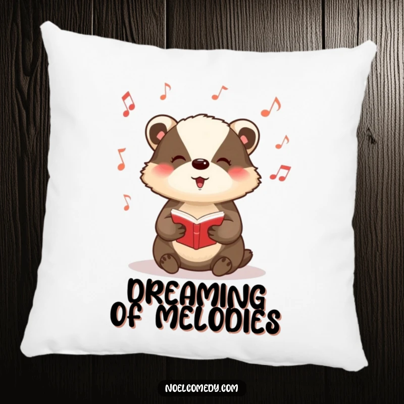 Funny pillow featuring a badger singing carols with musical notes, perfect for cozy holiday decor.