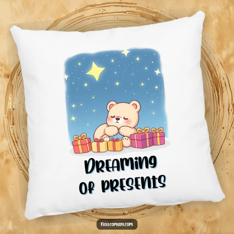 Funny Pillow: A sleeping bear cub dreams of presents beneath a starry night, providing humorous and cozy comfort for any room.