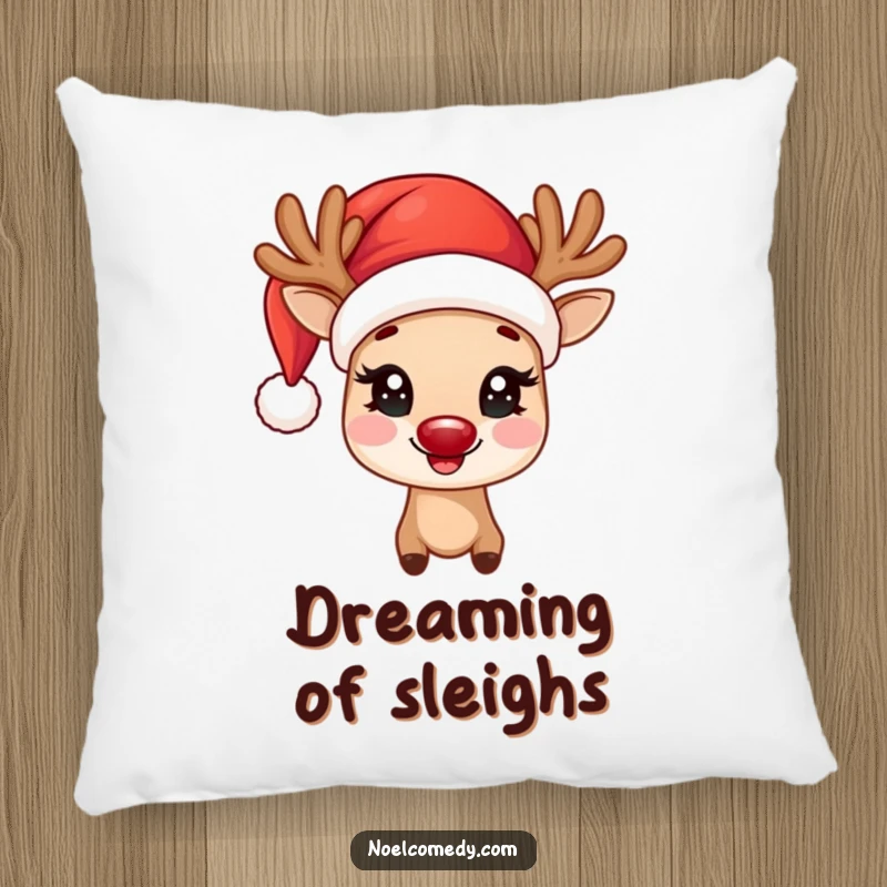 Funny Pillow showcasing a joyful reindeer with twinkling eyes, wearing a Santa hat, adding festive comfort.