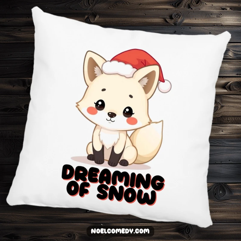 Funny arctic fox pillow with a playful fox wearing a tiny Santa hat, providing comfort and festive holiday charm.