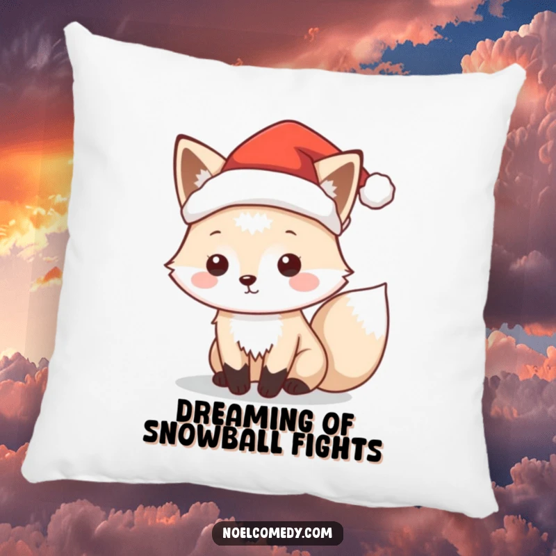 Funny pillow with a playful arctic fox character wearing a tiny Santa hat, perfect for festive home decor.